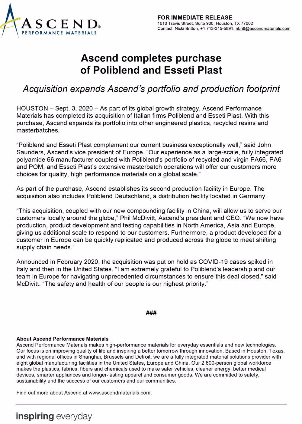 Ascend completes purchase of Poliblend and Essetiplast