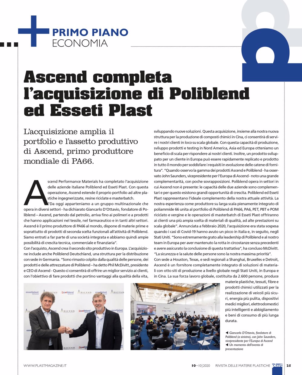 ASCEND COMPLETA L'ACQUISIZIONE DI POLIBLEND ED ESSETIPLAST