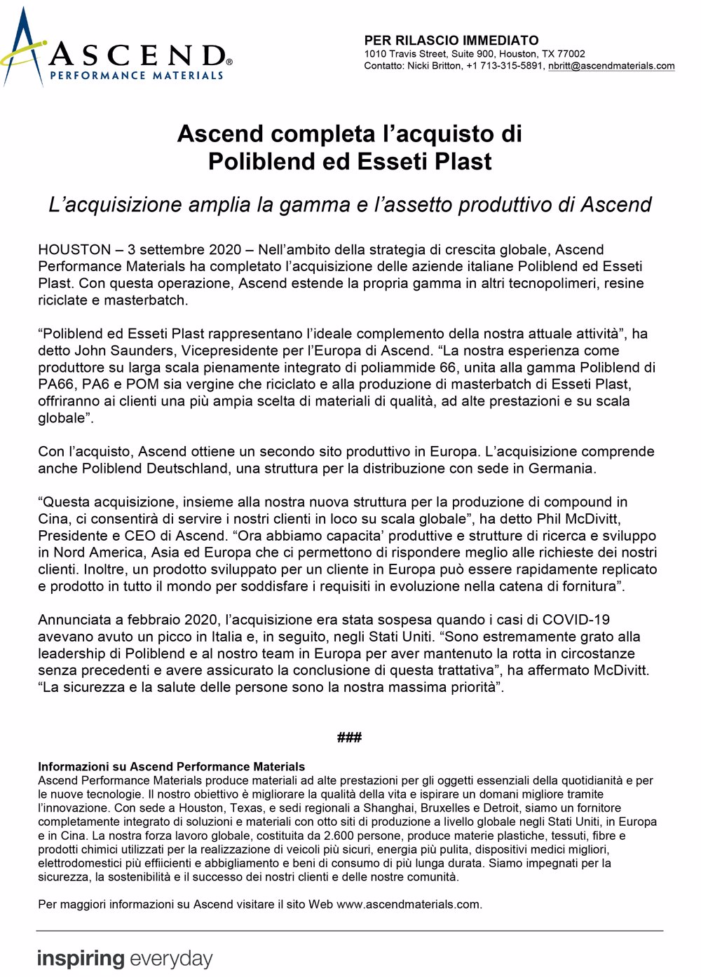 ASCEND completa l'acquisto di Poliblend ed Essetiplast